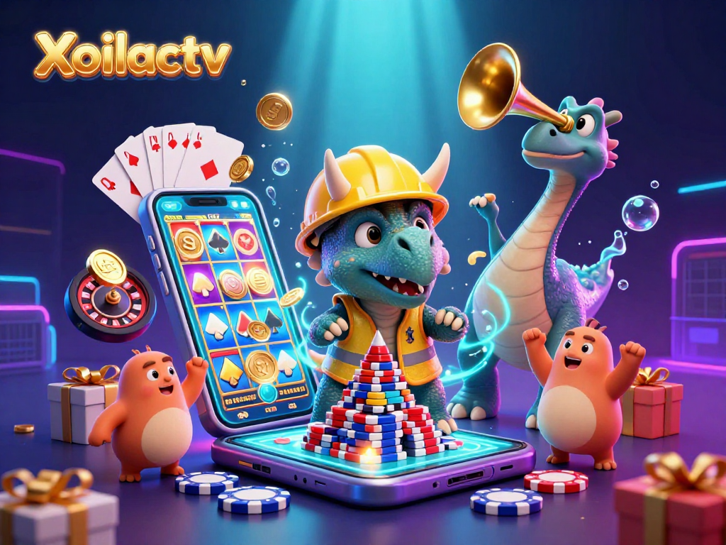 Xoilactv showcases a triceratops building poker chips in a vibrant casino-themed scene.