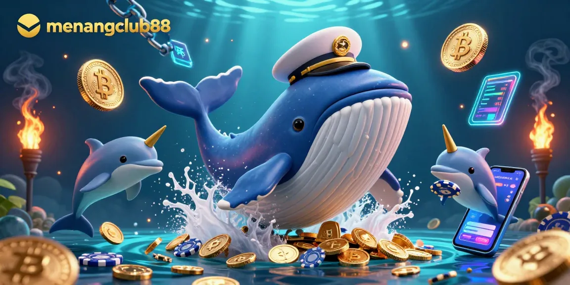 Join the excitement of menangclub88 in this vibrant 3D illustration featuring a whale, narwhal, and dolphins surrounded by cryptocurrencies and poker chips.