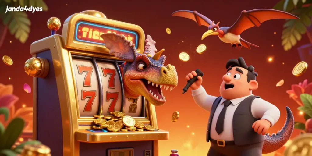 Permainan slot jackpot yang mengasyikkan dengan janda4dyes, menampilkan karakter dino yang lucu dan tema kasino yang menggembirakan.