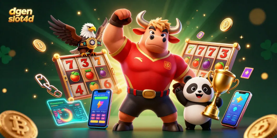 Celebrate big wins with agen slot4d featuring a bull mascot, eagle, and panda amidst vibrant slot game elements.