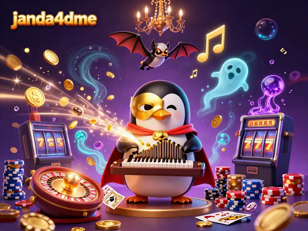 janda4dme menampilkan penguin orkestra bermain organ dengan koin emas mengalir dari pipa