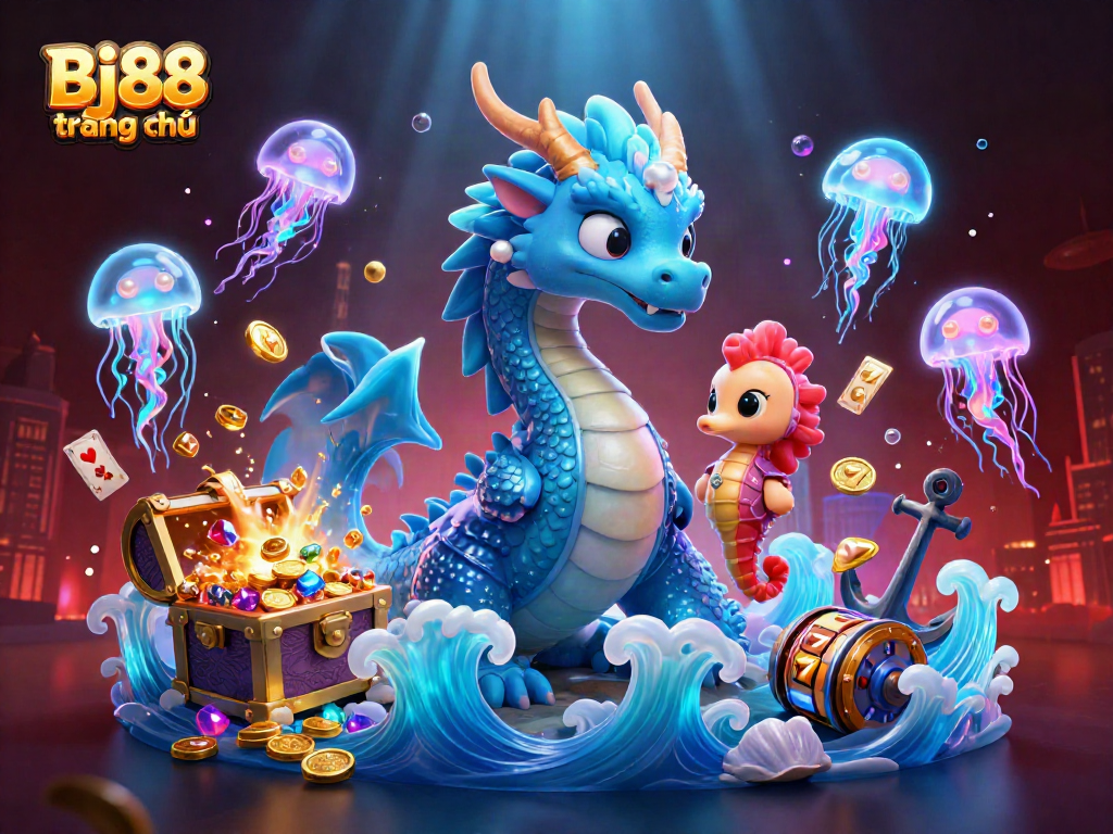 Bj88 trang chủ showcases a dynamic underwater casino scene with a majestic dragon and playful seahorse knight.