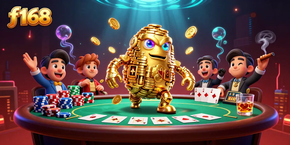 f168 showcases an exciting ancient golden golem at a vibrant poker table with dynamic gaming elements.