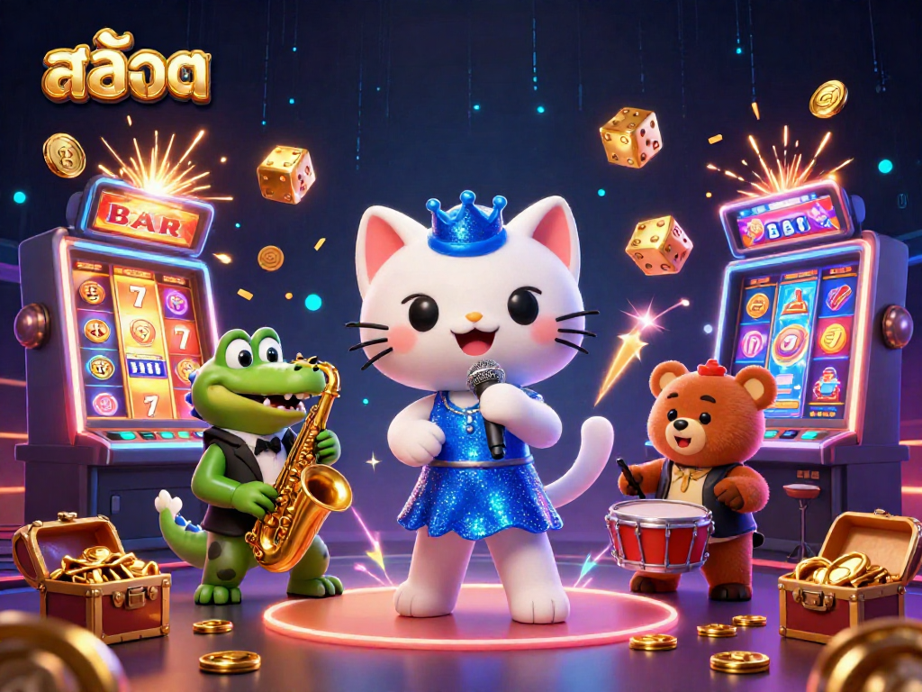 Experience the excitement of สล็อต with vibrant characters, 3D slot machines, and jackpot explosions in this dynamic casino scene.