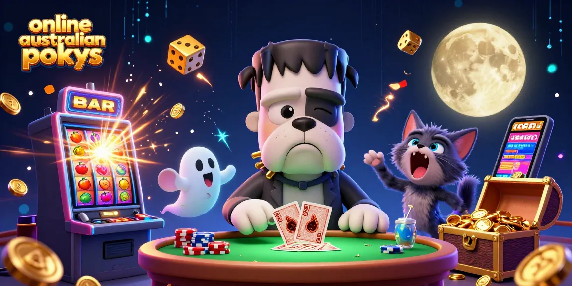 Engage with online australian pokies highlighted in a 3D casino scene featuring dynamic characters and games.