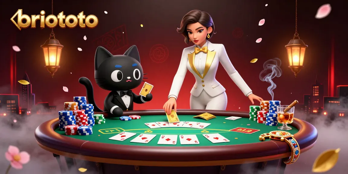 Briototo highlights a glamorous woman shuffling cards beside a tuxedo cat at a colorful poker table.