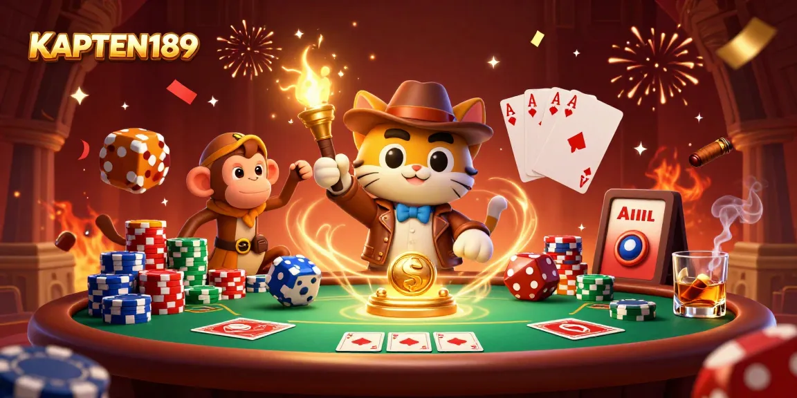 KAPTEN189 menyajikan ilustrasi kasino dengan kucing arkeolog dan monyet, menampilkan keseruan taruhan.