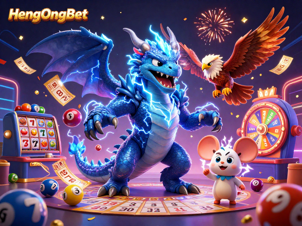 Engage with HengOngBet through vibrant lottery and gaming elements in an electrifying digital collage.