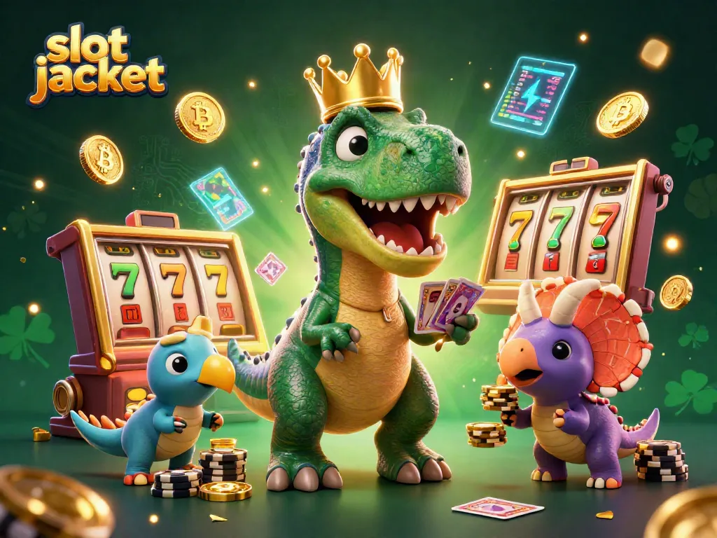 Experience the thrill of slot jackpot action with T-Rex, pterodactyl, and triceratops amid vibrant casino elements.