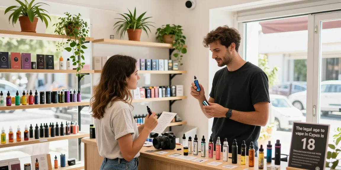 The legal age to vape in Cyprus is highlighted in a welcoming vape shop scene featuring a customer learning about premium CBD vape products with staff assistance.