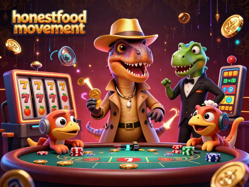 Engage with the thrilling world of gambling at honestfoodmovement, featuring a velociraptor card counter and stegosaurus pit boss in intense action.