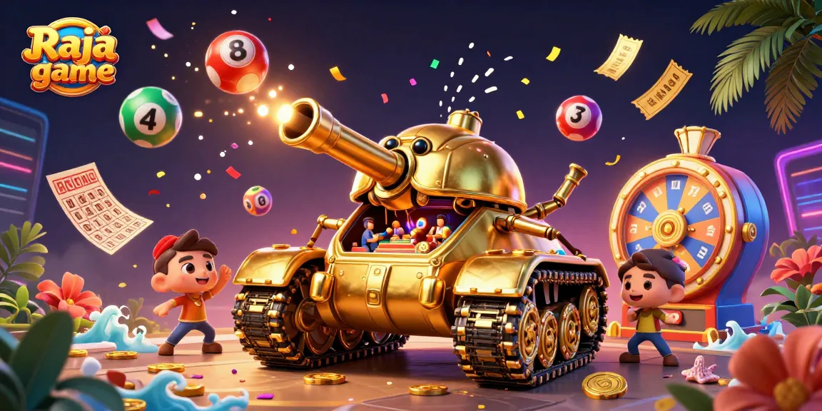 Engage in the thrilling Raja game world with vibrant lottery elements and a golden casino tank.