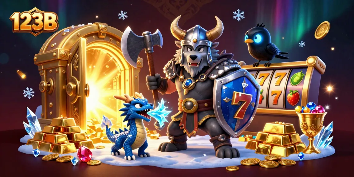 Experience thrilling wins at 123B with a captivating 3D casino scene showcasing vibrant slot elements and adventure.