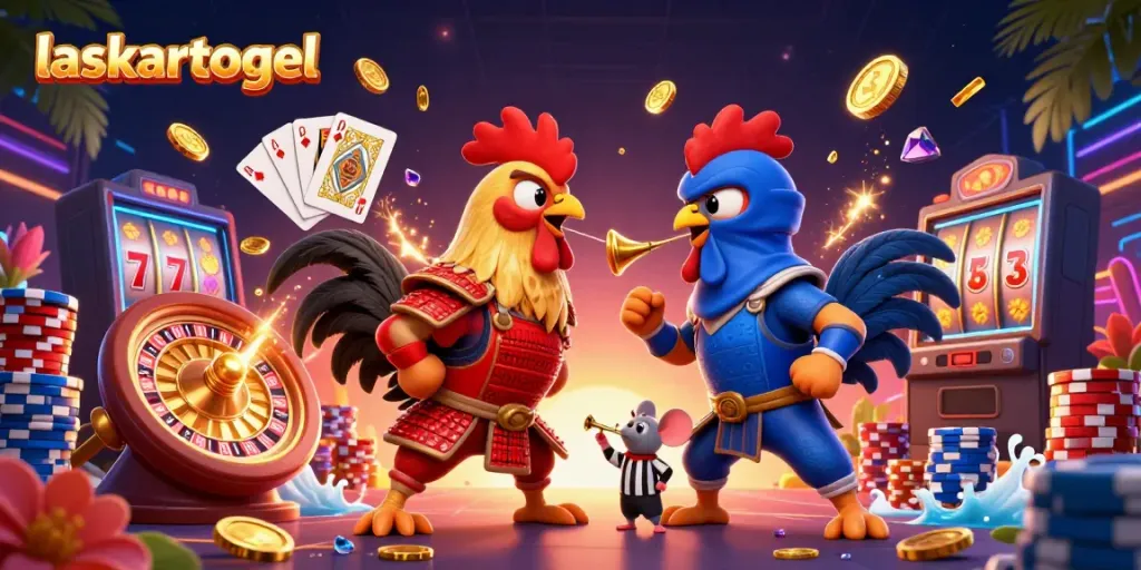 Witness an exciting standoff between laskartogel roosters amidst casino riches and dynamic elements.