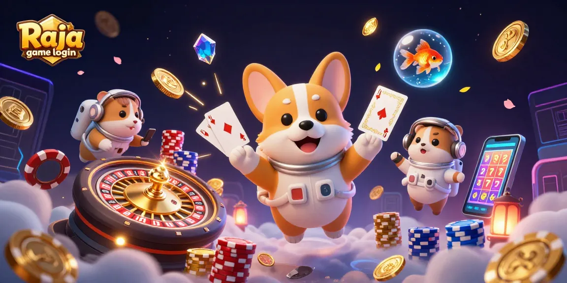 Enjoy fun casino games with Raja game login aboard a space station casino with whimsical characters.