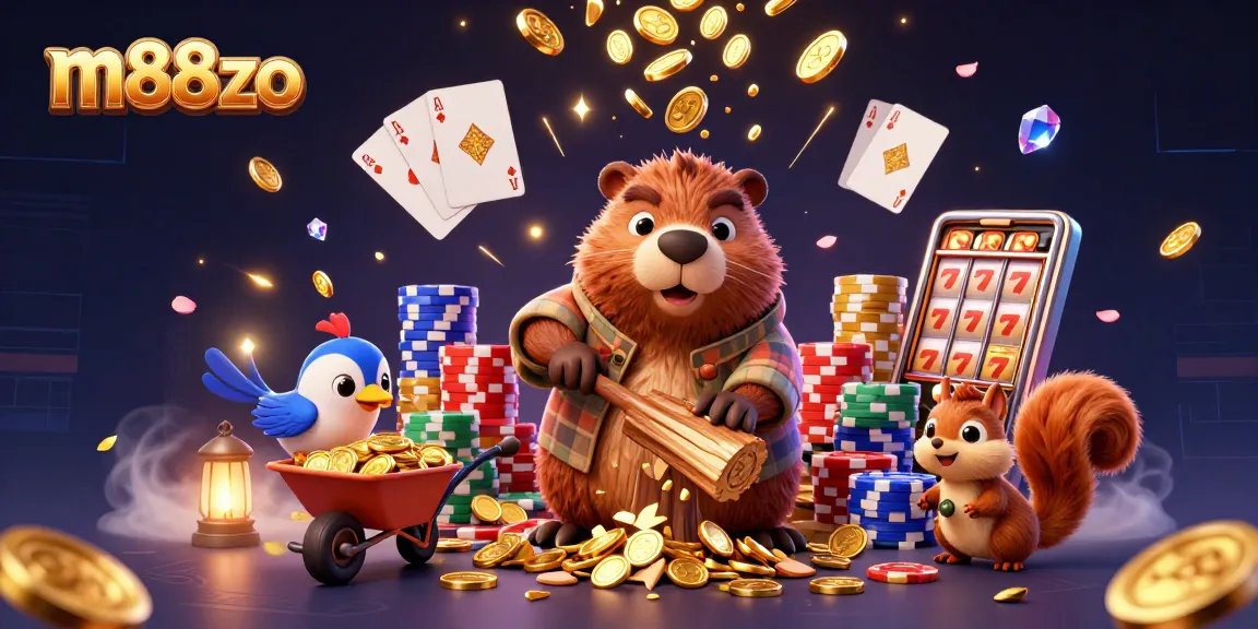 The m88zo casino experience features a lively scene with a beaver and bird collecting golden coins and slot machine symbols.