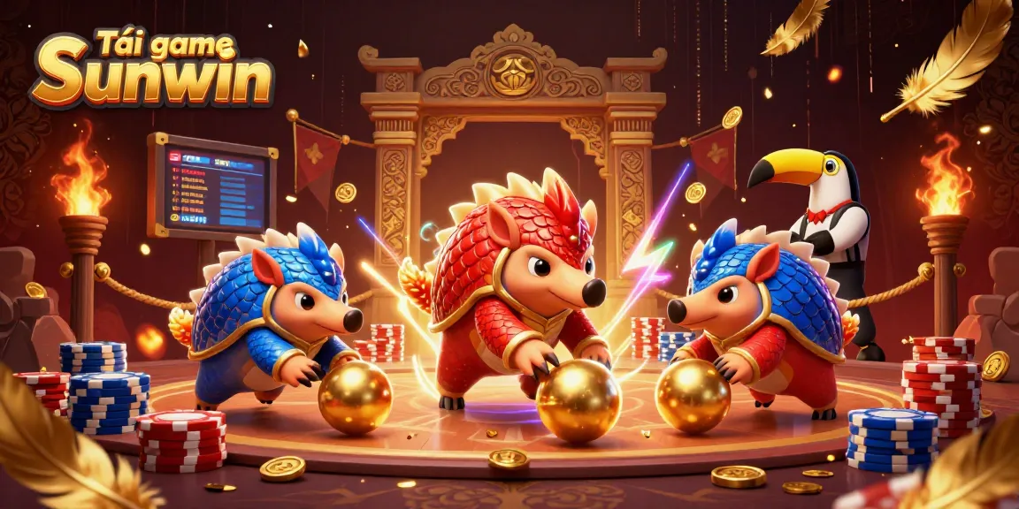 Tải game Sunwin while enjoying thrilling 3D cartoon pangolin characters in a vibrant casino scene.