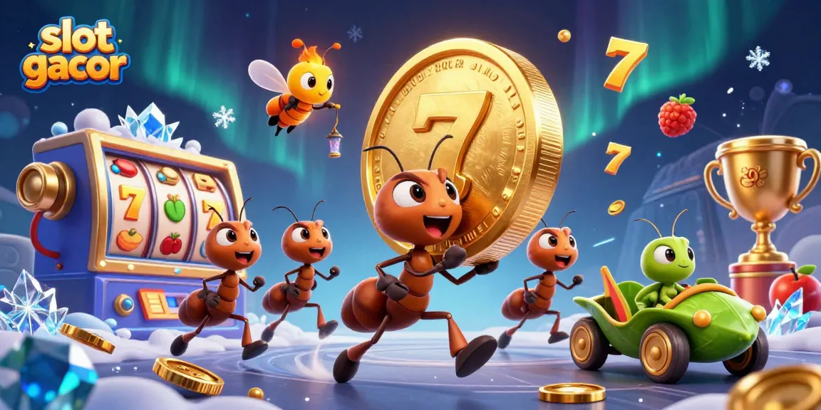 Slot gacor menghadirkan pertarungan seru dengan tim semut yang mengambil koin raksasa sambil dikelilingi elemen kasino.