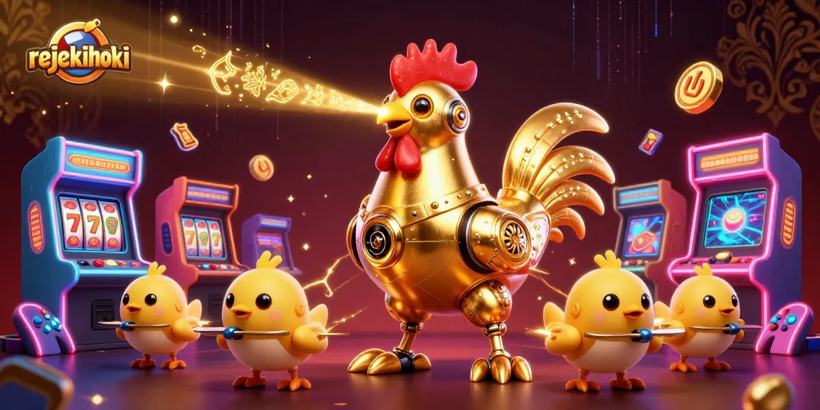 Experience the excitement of rejekihoki as the golden rooster robot garners jackpots in a vibrant casino scene.