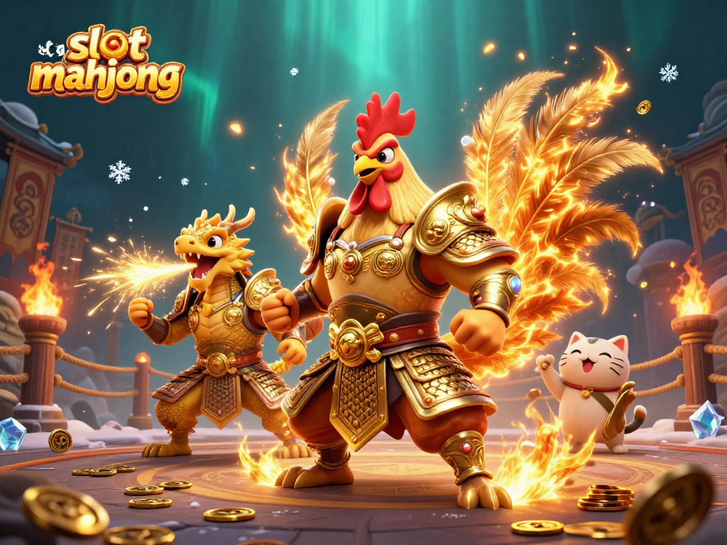 Engage in slot mahjong thrills with dynamic characters and a vibrant gaming arena illustration.