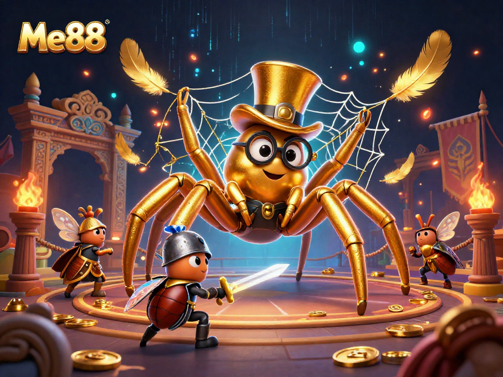 Engage with Me88's vibrant gaming experience featuring a golden tarantula and knight in a dynamic casino scene.