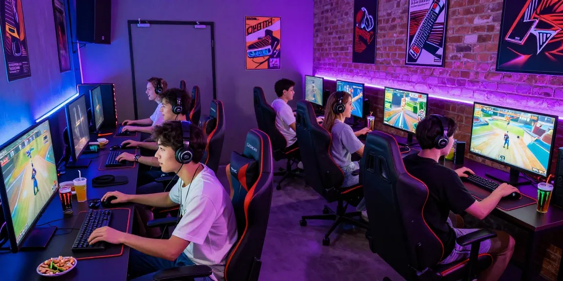 Engaging hit club gaming lounge with friends competing in fun multiplayer games