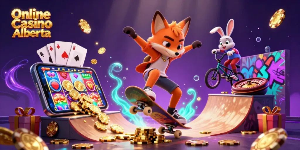 Experience thrilling gameplay at Online Casino Alberta with vibrant characters and casino elements.
