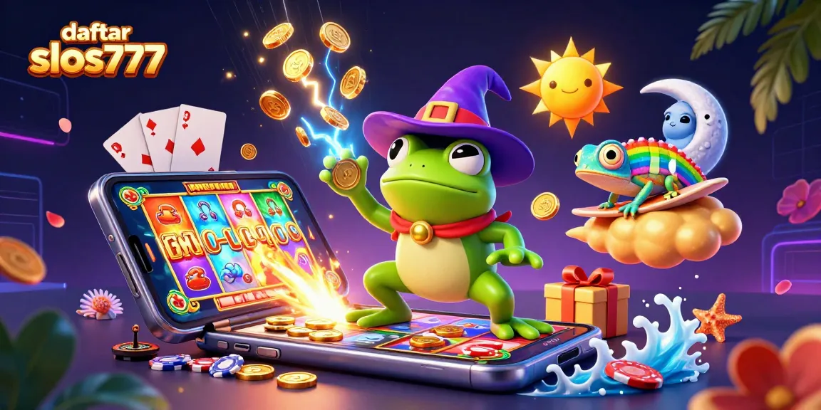 Spin to win with daftar slot777, featuring a wizard frog and golden coins in vibrant 3D illustration.