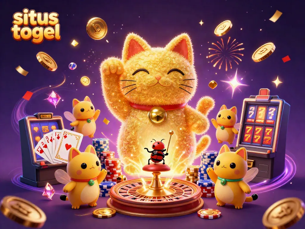 Engage in situs togel with a vibrant depiction of casino symbols and lucky cat amidst dynamic elements.
