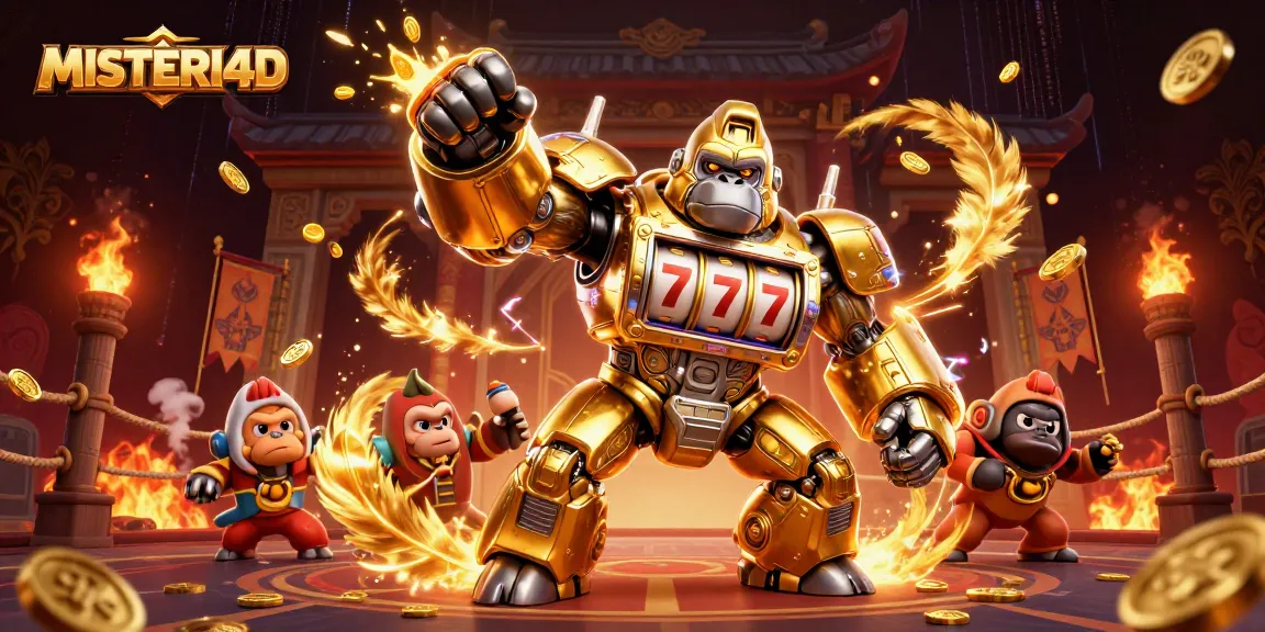 MISTERI4D offers an exhilarating visual experience with its vibrant 3D slot gaming scene featuring a golden gorilla mech.