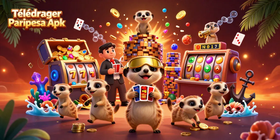Télécharger Paripesa Apk en profitant d'une illustration 3D captivante de suricates au casino avec jackpots et éléments de jeu.