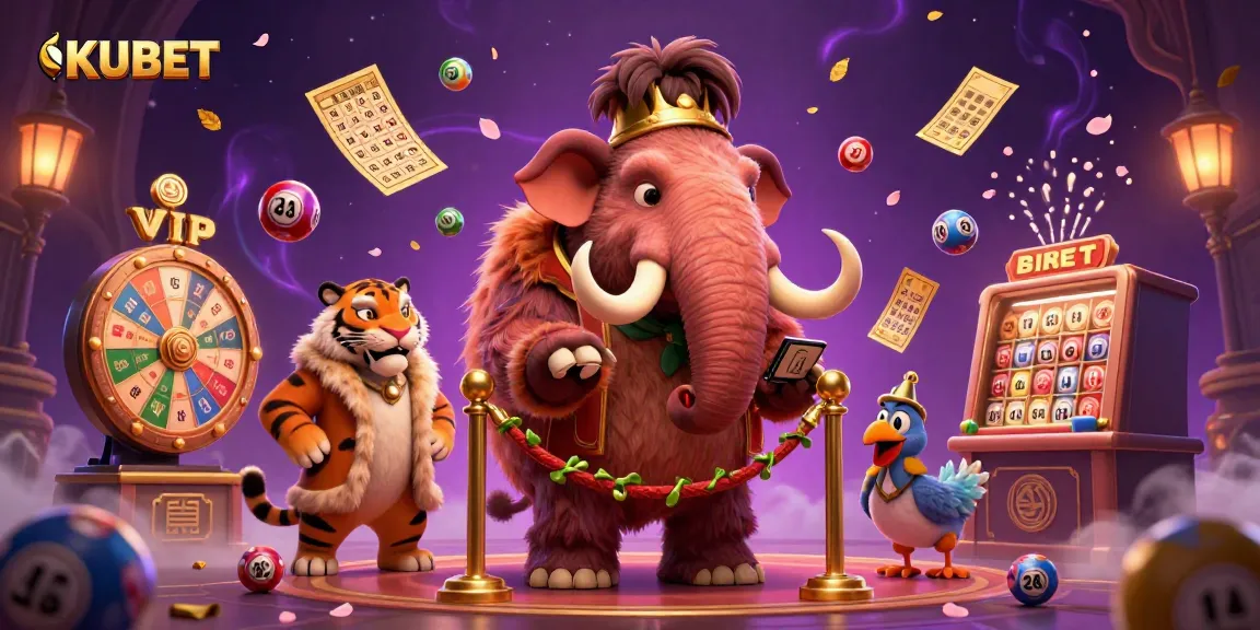 KUBET casino illustration with a woolly mammoth bouncer, saber-tooth tiger guest, and dodo bird doorman in a vibrant gambling atmosphere.