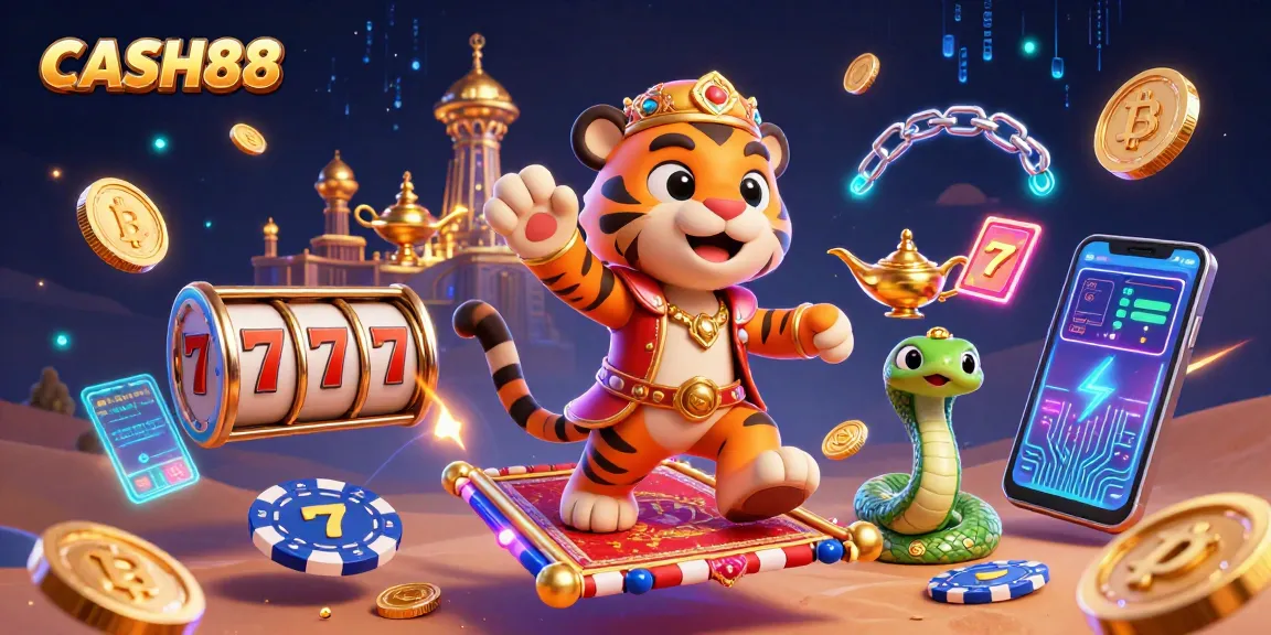 CASH88 casino adventure with an Arabian Nights theme, featuring a tiger sultan on a poker carpet surrounded by vibrant gaming elements.