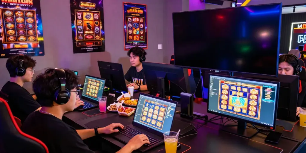 Gamers engaging with slot server Thailand games in a vibrant online gaming hub.