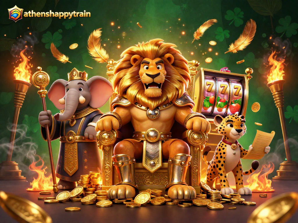 A dynamic scene showcasing athenshappytrain with a lion king, elephant advisor, and cheetah messenger amid golden gaming elements.