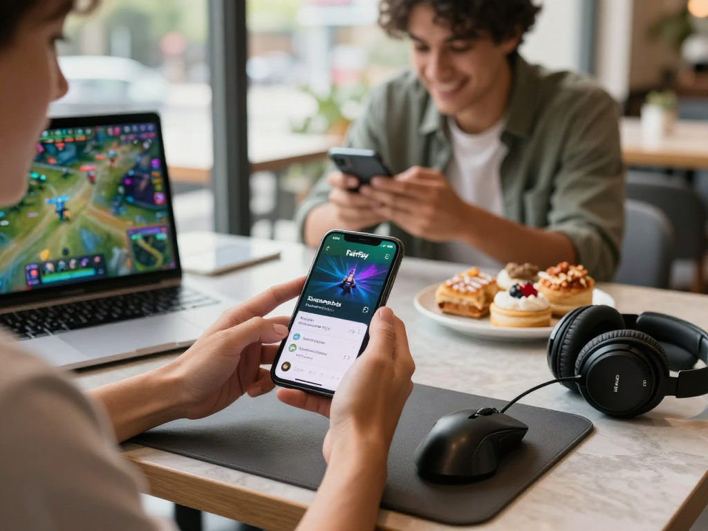 A user interacting with the FairPlay app at a café, showcasing mobile gaming alongside friends.