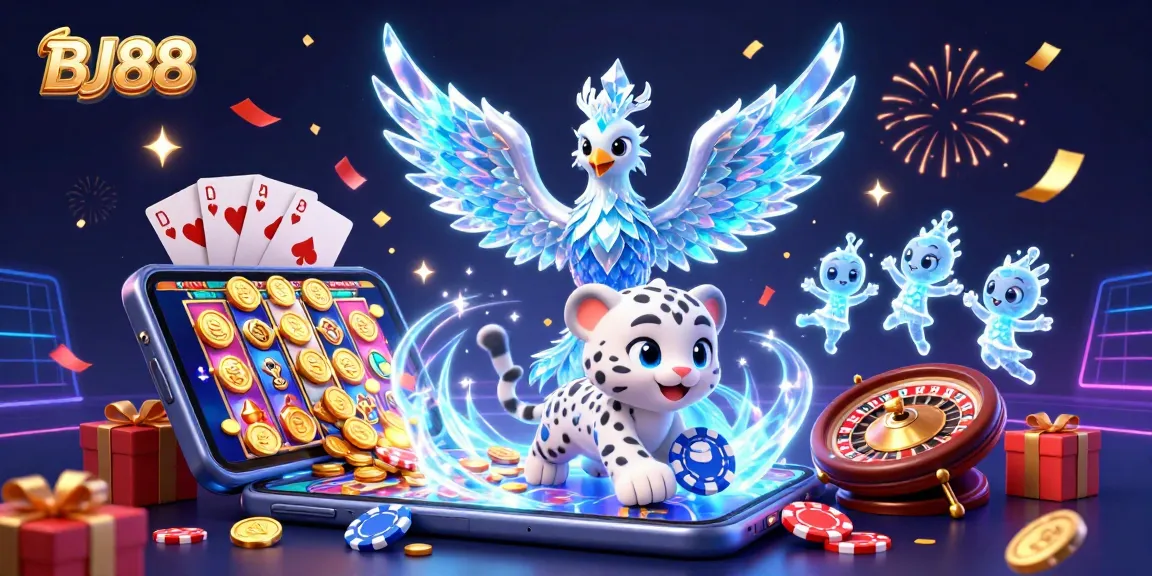 BJ88 illuminates with an ice phoenix, a snow leopard cub, and gambling elements in a vibrant casino illustration.