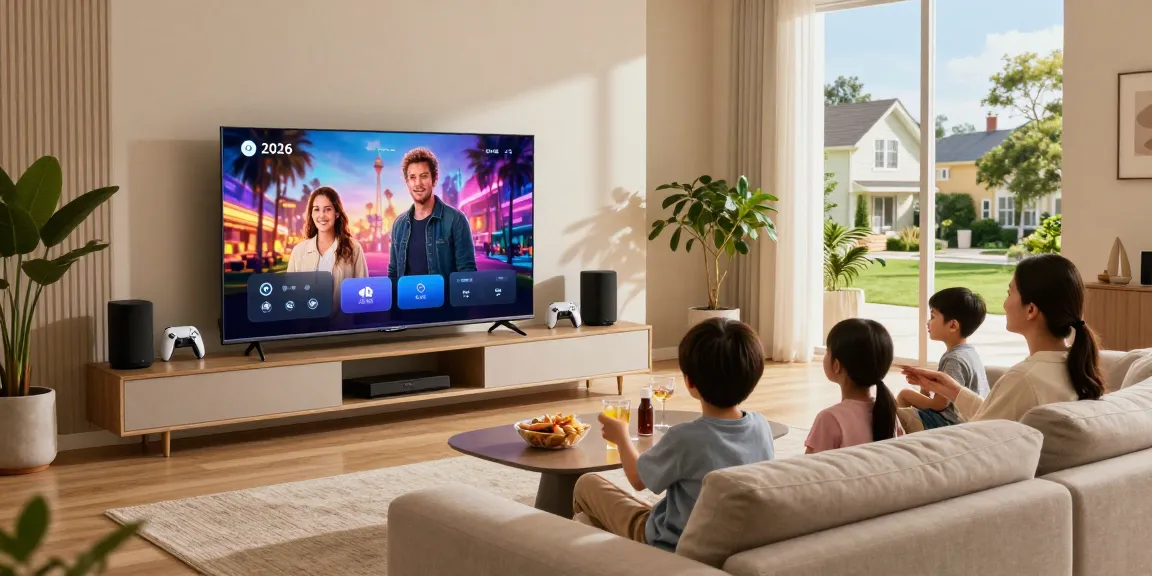 A family enjoying a smart TV 2026 in a modern living room with a vibrant OLED display, cozy atmosphere.