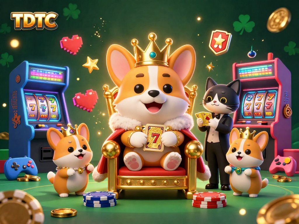 Experience TDTC excitement with royal corgi and colorful slots in this vibrant casino scene.