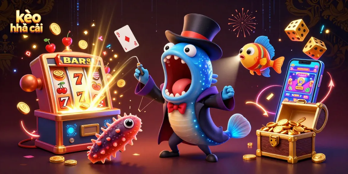 Experience kèo nhà cái thrills with a vibrant 3D illustration featuring deep-sea creatures performing magic tricks amidst casino elements.