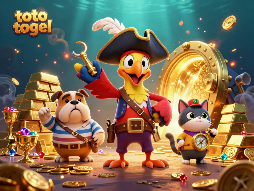 Win at toto togel with a vibrant pirate-themed illustration featuring characters and treasure.