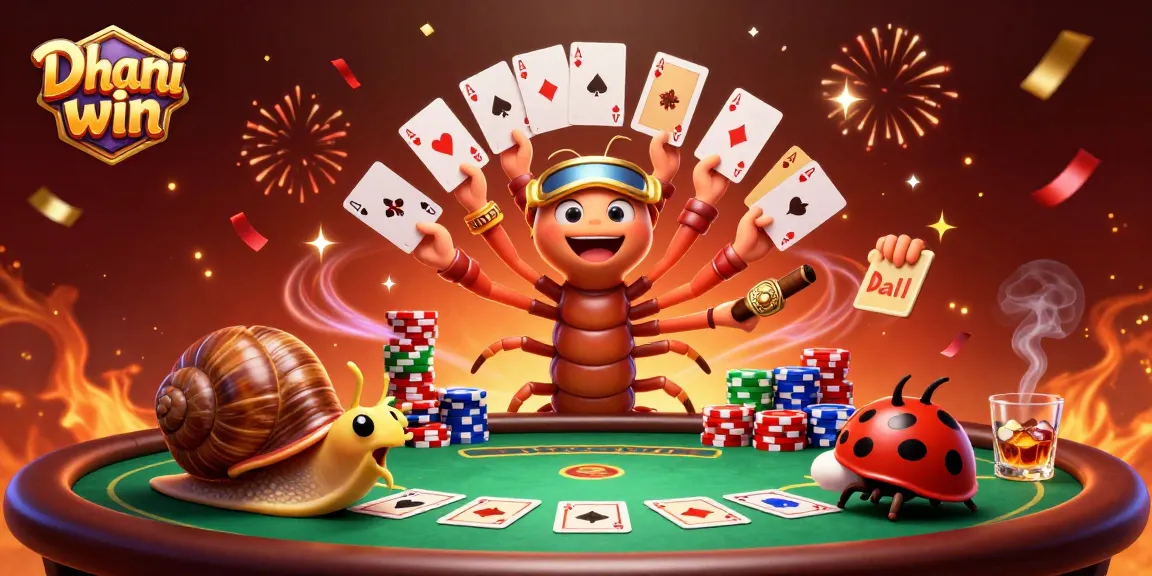 Dhani win animated characters dealing cards and celebrating with vibrant casino elements in a dynamic illustration.