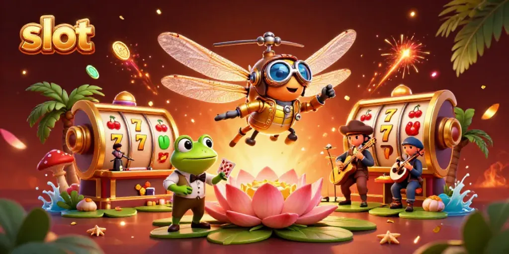 Experience thrilling slot action with colorful characters at a vibrant lily pad casino scene.