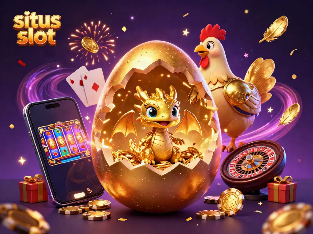 Ilustrasi 3D yang meriah menampilkan situs slot dengan telur emas, naga, dan cip poker.