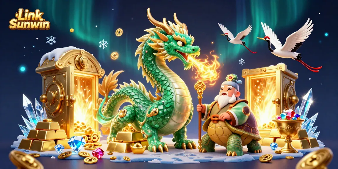 Experience the thrill at Link Sunwin with a jade dragon amidst treasure and luck in a vibrant casino scene.