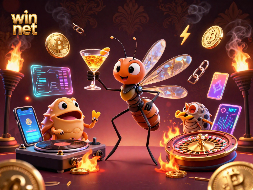Experience win net as a vibrant 3D scene featuring a unique casino mascot and crypto elements.