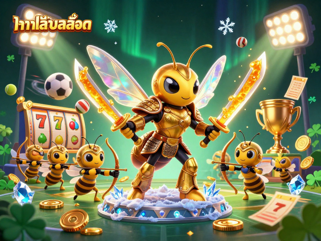 Engage with ทดลองเล่นสล็อต through a vibrant 3D illustration showcasing dynamic casino elements and characters.