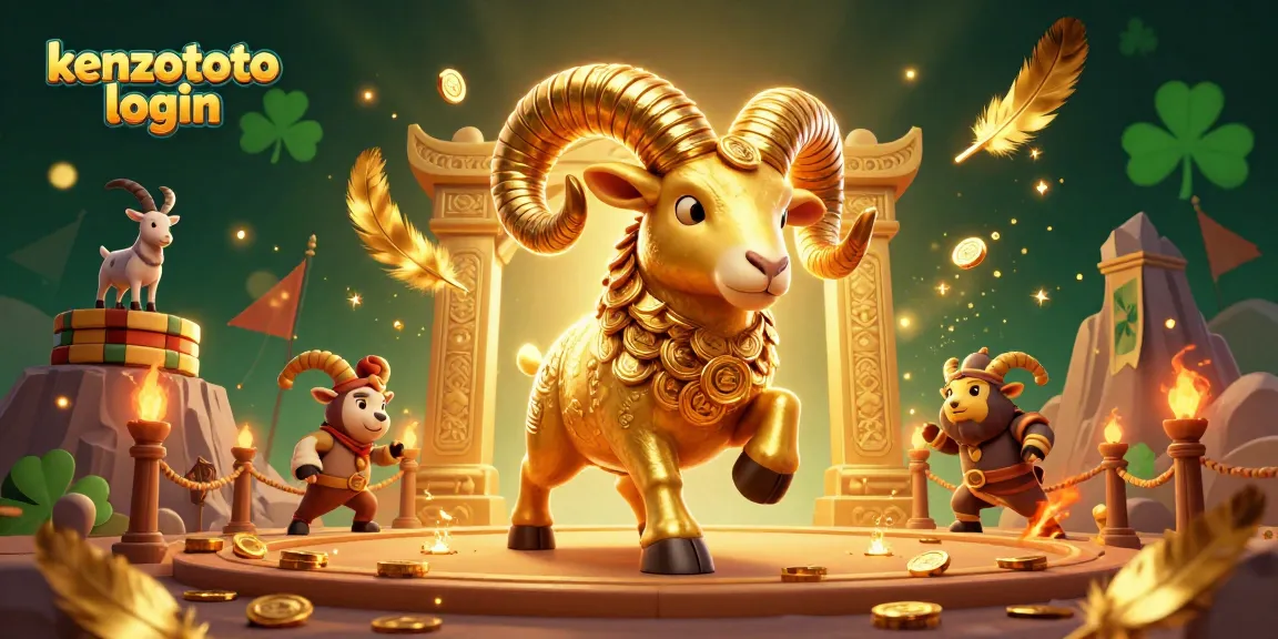 Kenzototo login engages users in a dynamic online gambling scene with a golden ram charging at a casino gate.