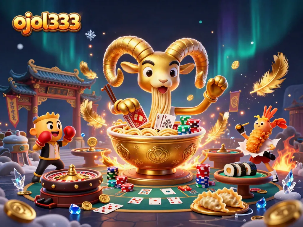 ojol333 dynamic casino illustration featuring a golden ramen bowl dealer and vibrant casino elements