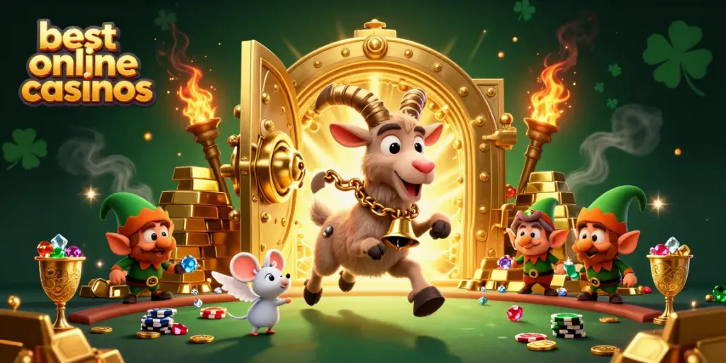 Experience the excitement of the best online casinos with a dynamic 3D casino illustration featuring Krampus and festive elements.